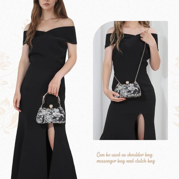 ⚡ Women's Floral Sequin Black Embroidery Evening Beaded Clutch Handbag - Picture 3 of 7